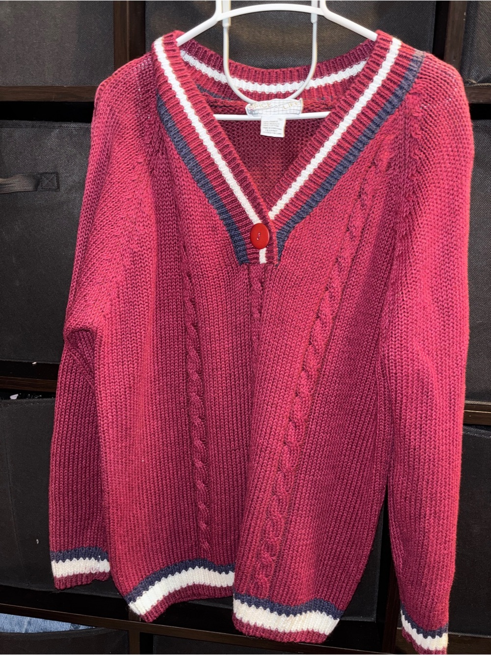 Vintage 90s Burgundy Cable Knit Cricket Sweater Varsity Trim - Pristine S